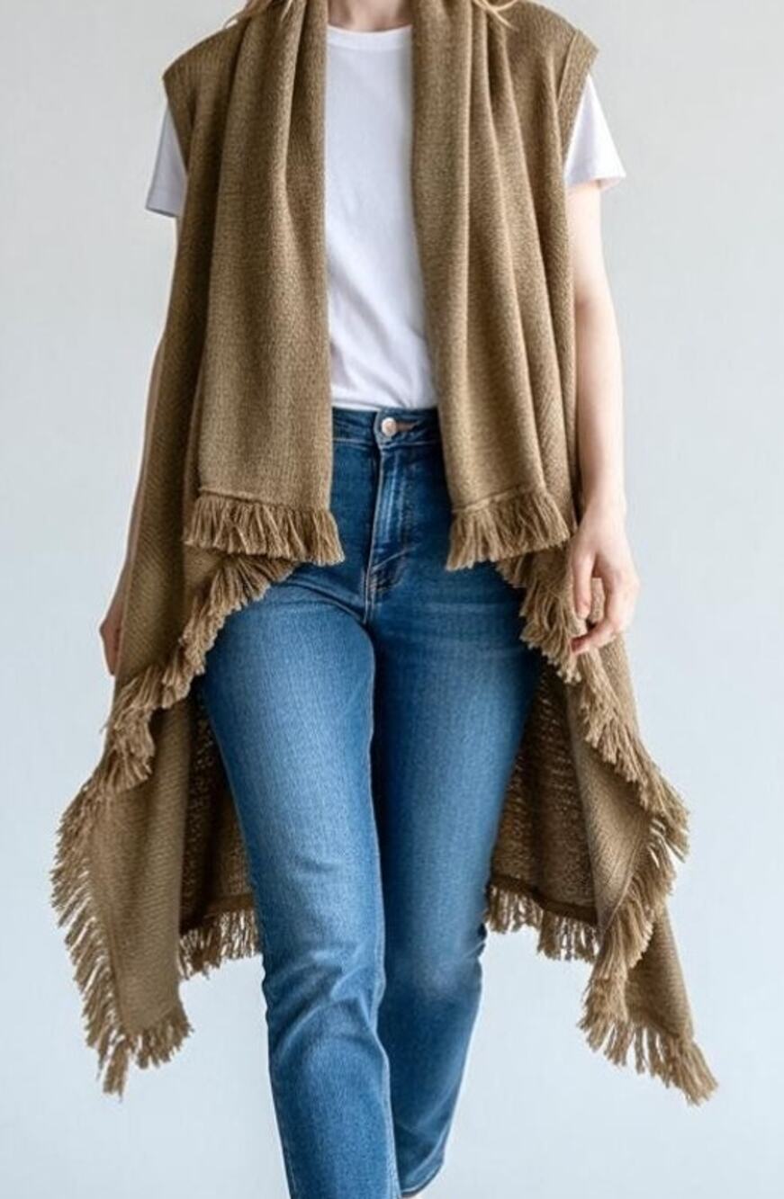 Origami by Vivien Brown Fringe Knit Poncho Shawl Wrap Open Front One Size